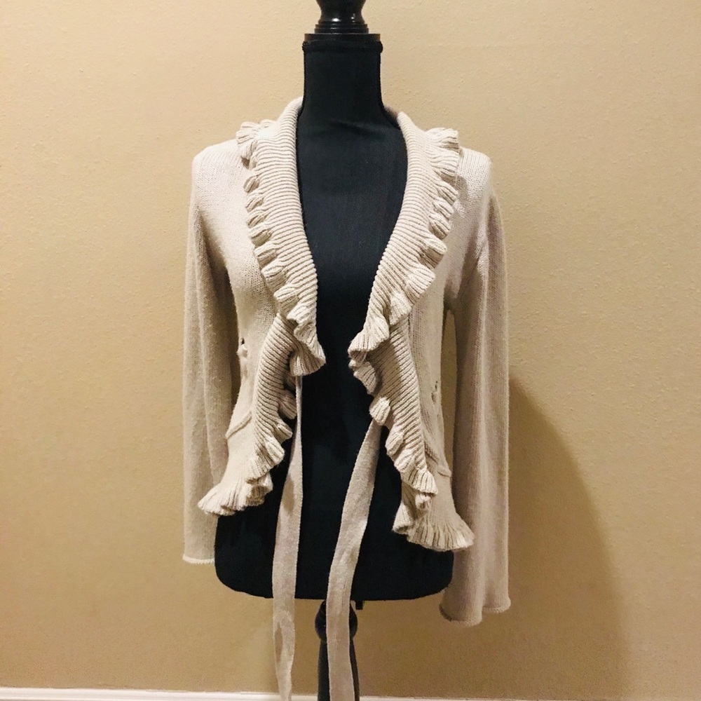 Wrap Cardigan Sweater Gray Tan Ruffle - Picture 2 of 3